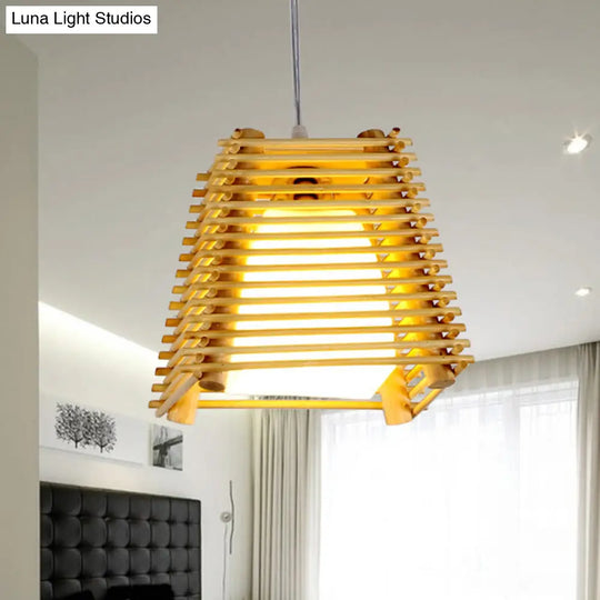 Trapezoid Bamboo Pendant Light With White Glass Shade - Modern Natural Wood Ceiling Fixture