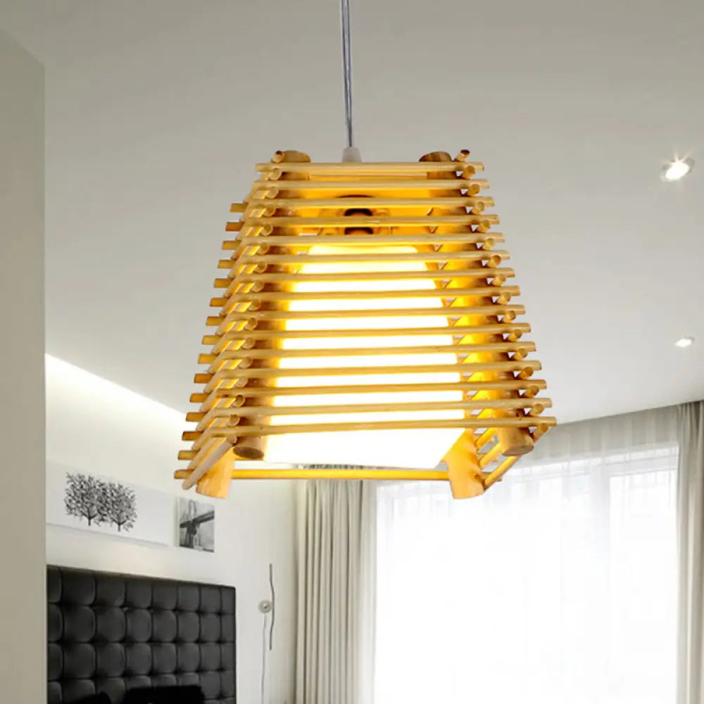 Modern Bamboo Pendant Light With Natural Wood Finish And White Glass Shade