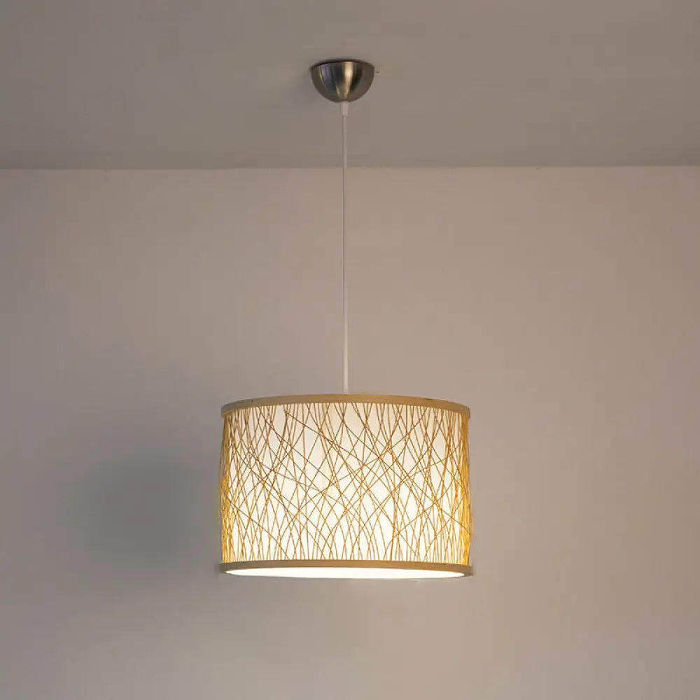 Modern Bamboo Pendant Lighting With Cylindrical Design - Wood Fixture 1 Bulb Hanging Light