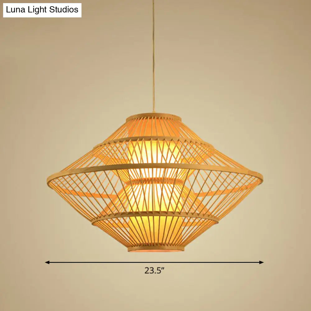 Modern Bamboo Rhombus Pendant Light Fixture For Restaurants Single Wood Ceiling Hang / 23.5