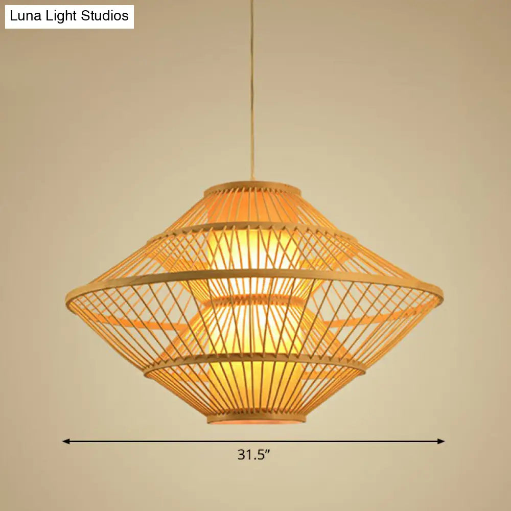 Modern Bamboo Rhombus Pendant Light Fixture For Restaurants Single Wood Ceiling Hang / 31.5