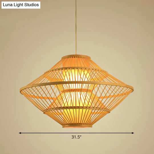 Modern Bamboo Rhombus Pendant Light Fixture For Restaurants Single Wood Ceiling Hang / 31.5