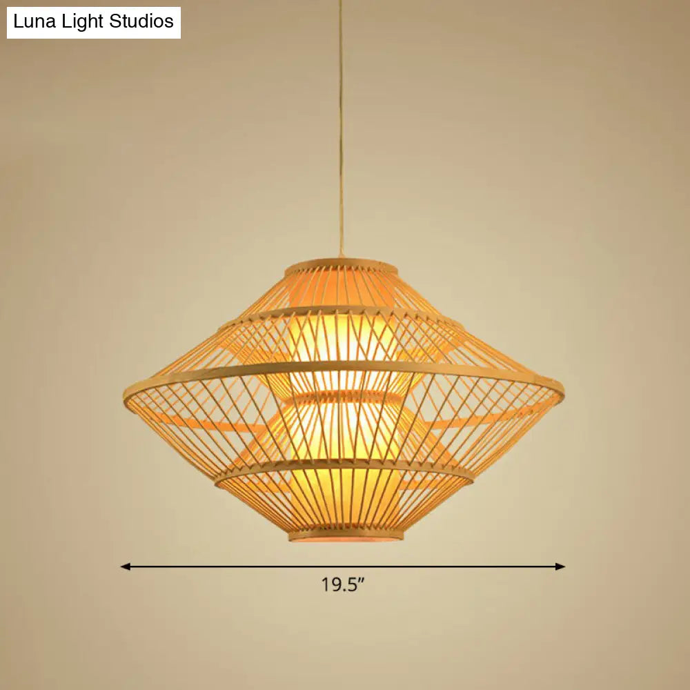 Modern Bamboo Rhombus Pendant Light Fixture For Restaurants Single Wood Ceiling Hang / 19.5