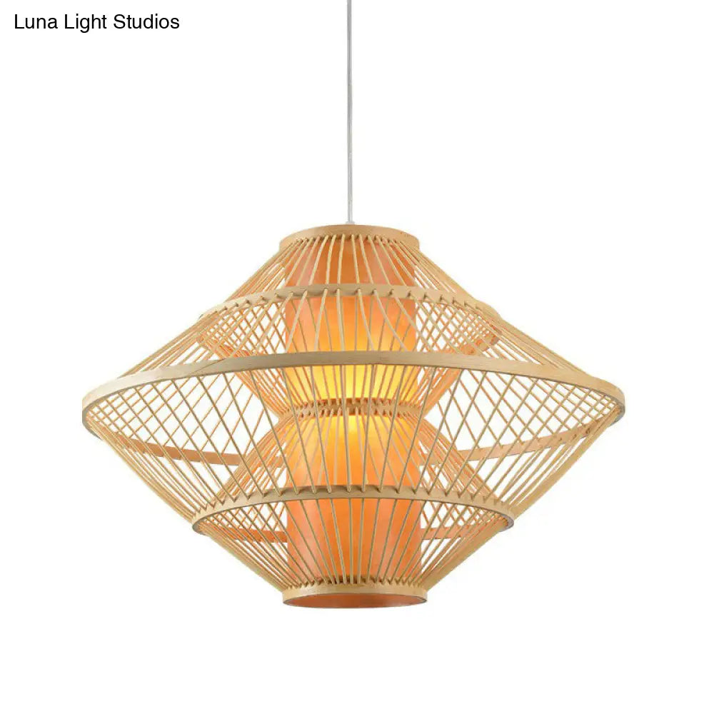 Modern Bamboo Rhombus Pendant Light Fixture For Restaurants Single Wood Ceiling Hang