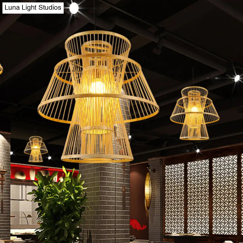 Modern Bamboo Tiered Ceiling Lamp - 1 Light Beige Pendant For Dining Room