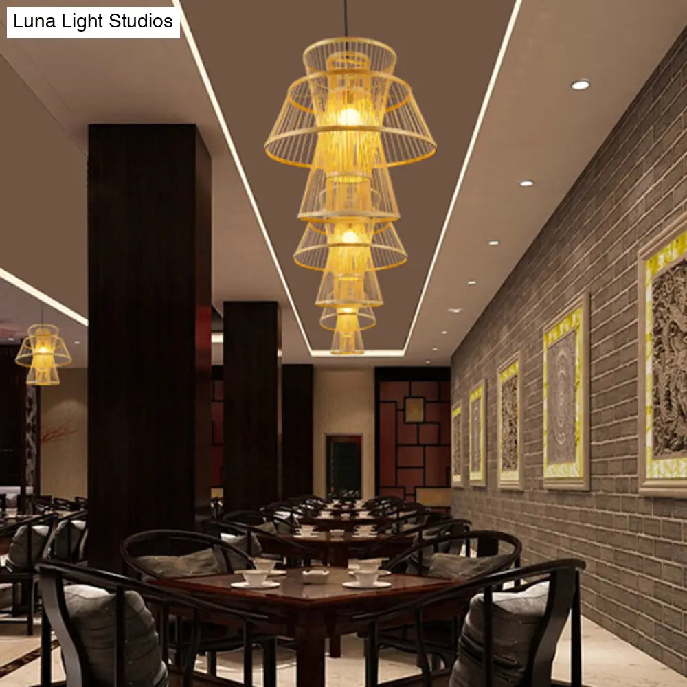 Modern Bamboo Tiered Ceiling Lamp - 1 Light Beige Pendant For Dining Room