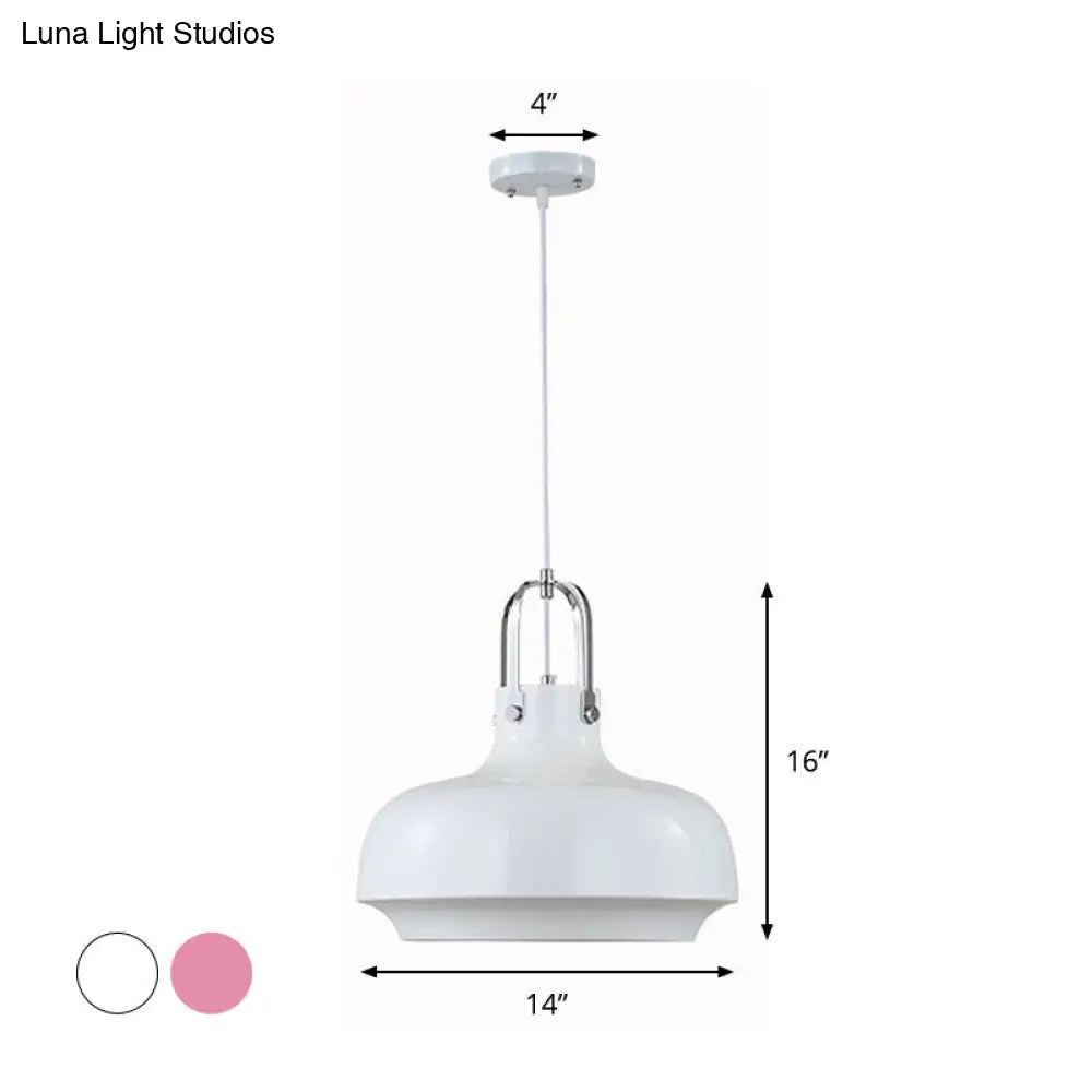 Modern Barn Metal Hanging Ceiling Light - 10/14 Wide Pendant Lighting Fixture In White/Pink