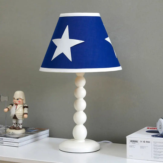 Modern Barrel Night Table Light Wood With Blue Fabric Shade