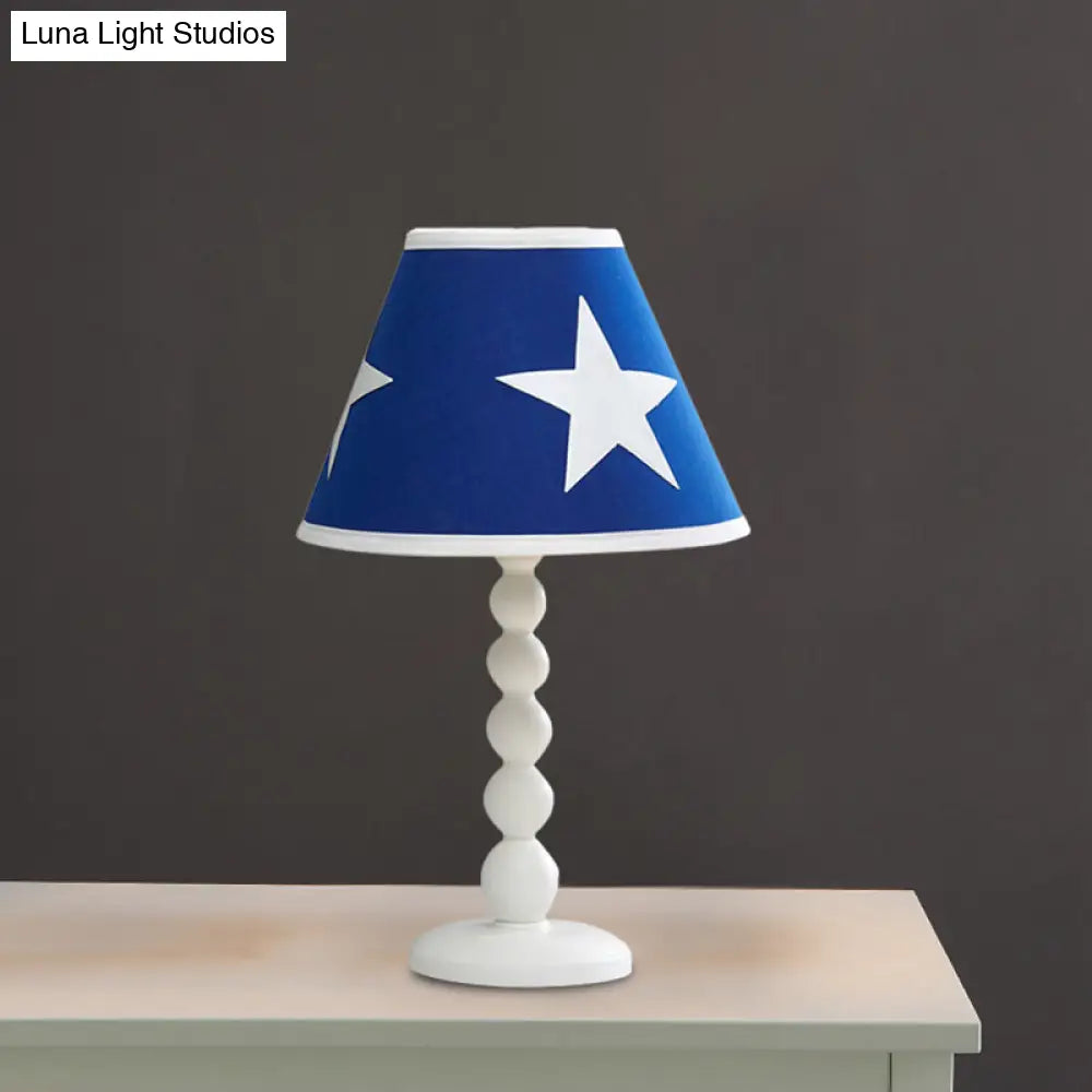 Modern Barrel Night Table Light Wood With Blue Fabric Shade