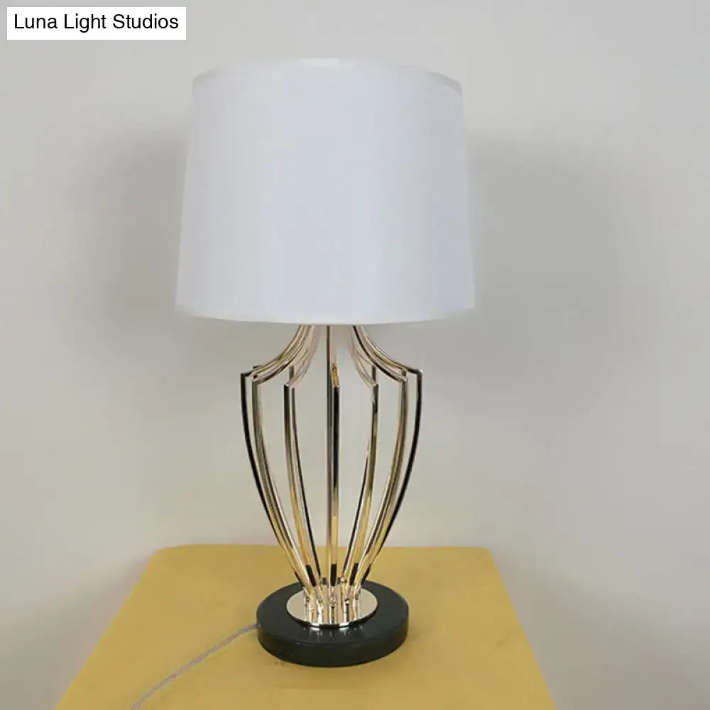 Modern Barrel Table Lamp - Minimalistic Fabric Shade 11/14 Width One Head Black/White Urn Cage Base