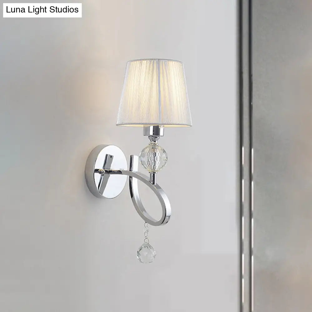 Modern Bedroom Wall Sconce: Cone Shade Fabric 1-Head Light With Clear Crystal Ball Deco - Silver