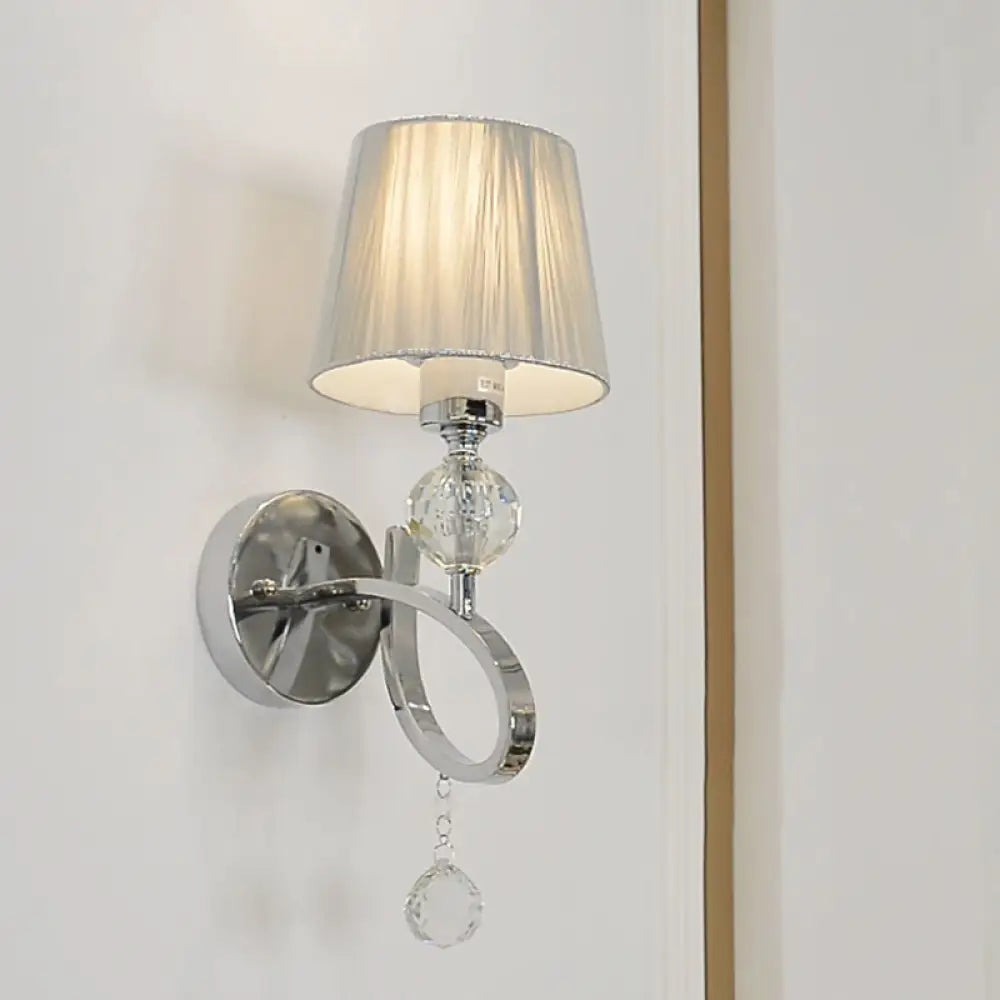 Modern Bedroom Wall Sconce: Cone Shade Fabric 1-Head Light With Clear Crystal Ball Deco - Silver