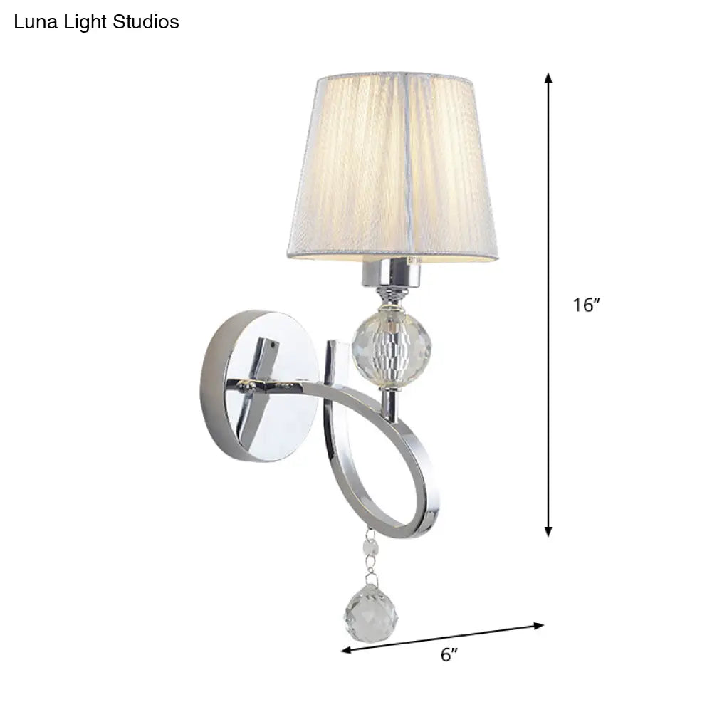 Modern Bedroom Wall Sconce: Cone Shade Fabric 1-Head Light With Clear Crystal Ball Deco - Silver