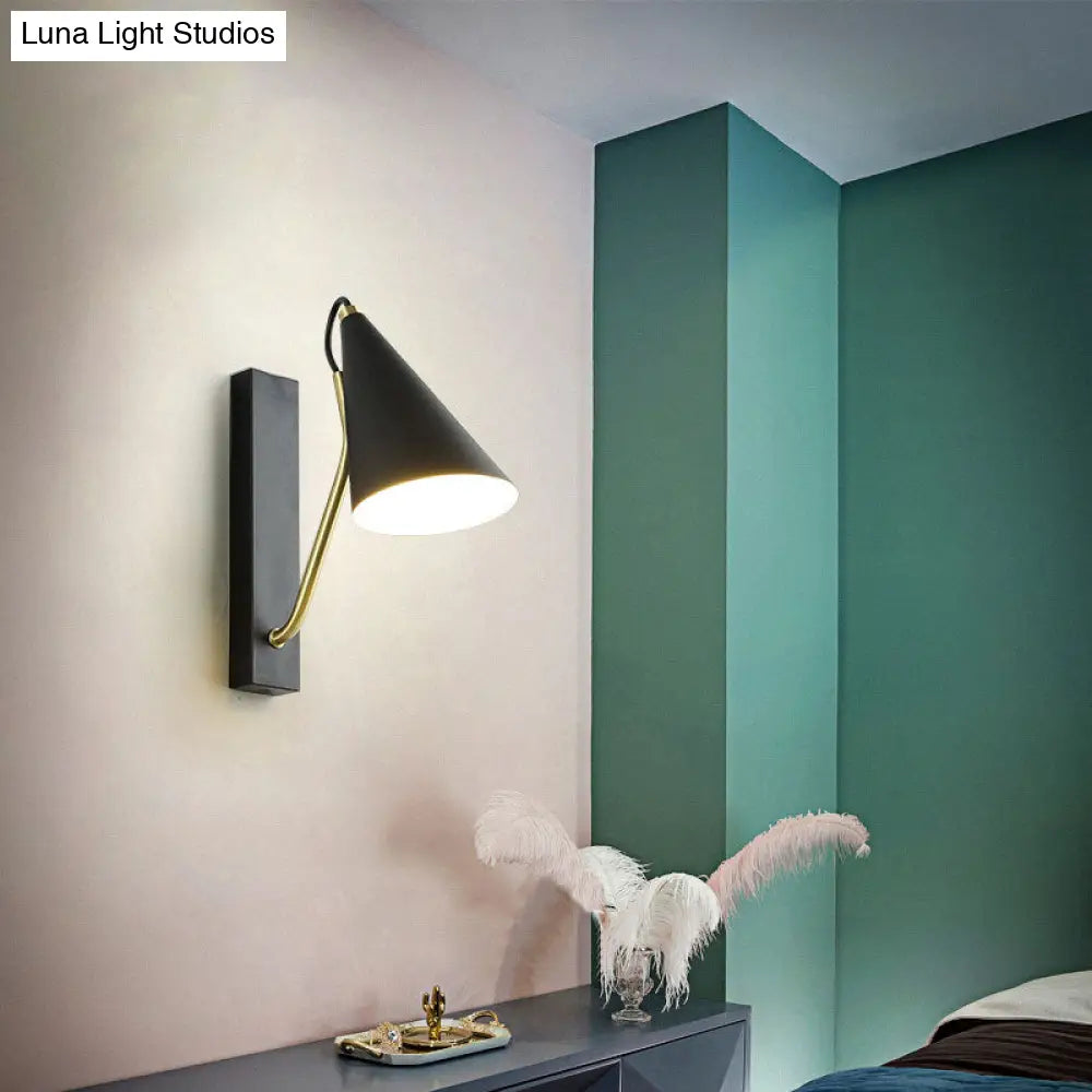 Modern Bedroom Wall Sconce With Cone Shade And Iron Base - Simple 1-Light Black/White Lamp