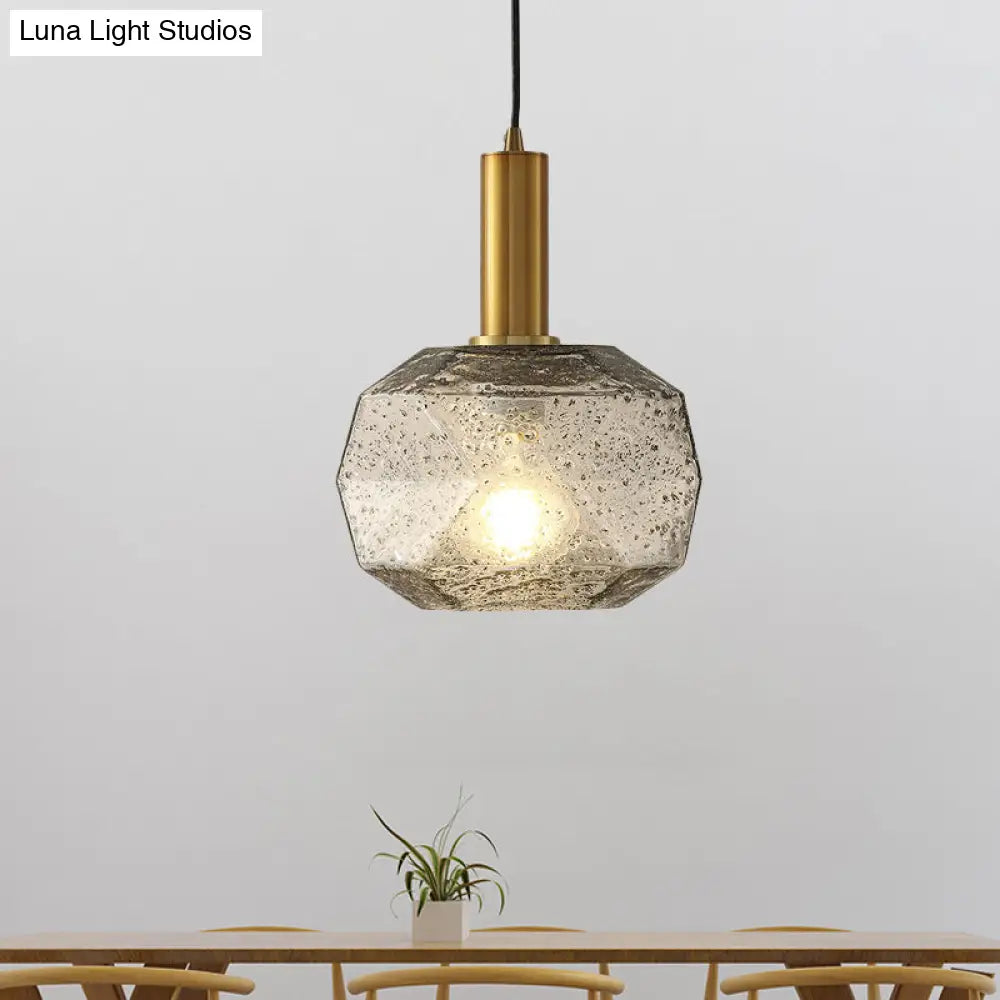 Post Modern Brass Bedside Pendant With Faceted Smoke Gray Glass Shade