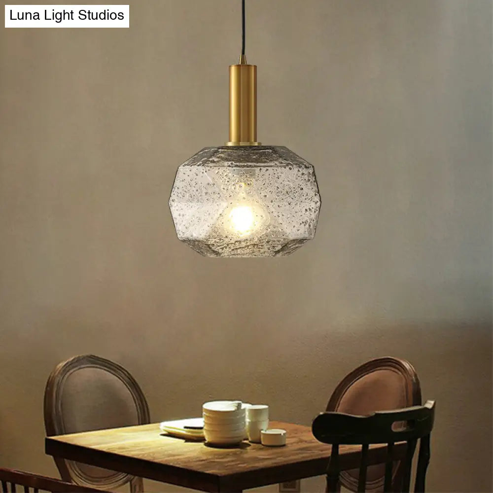 Post Modern Brass Bedside Pendant With Faceted Smoke Gray Glass Shade