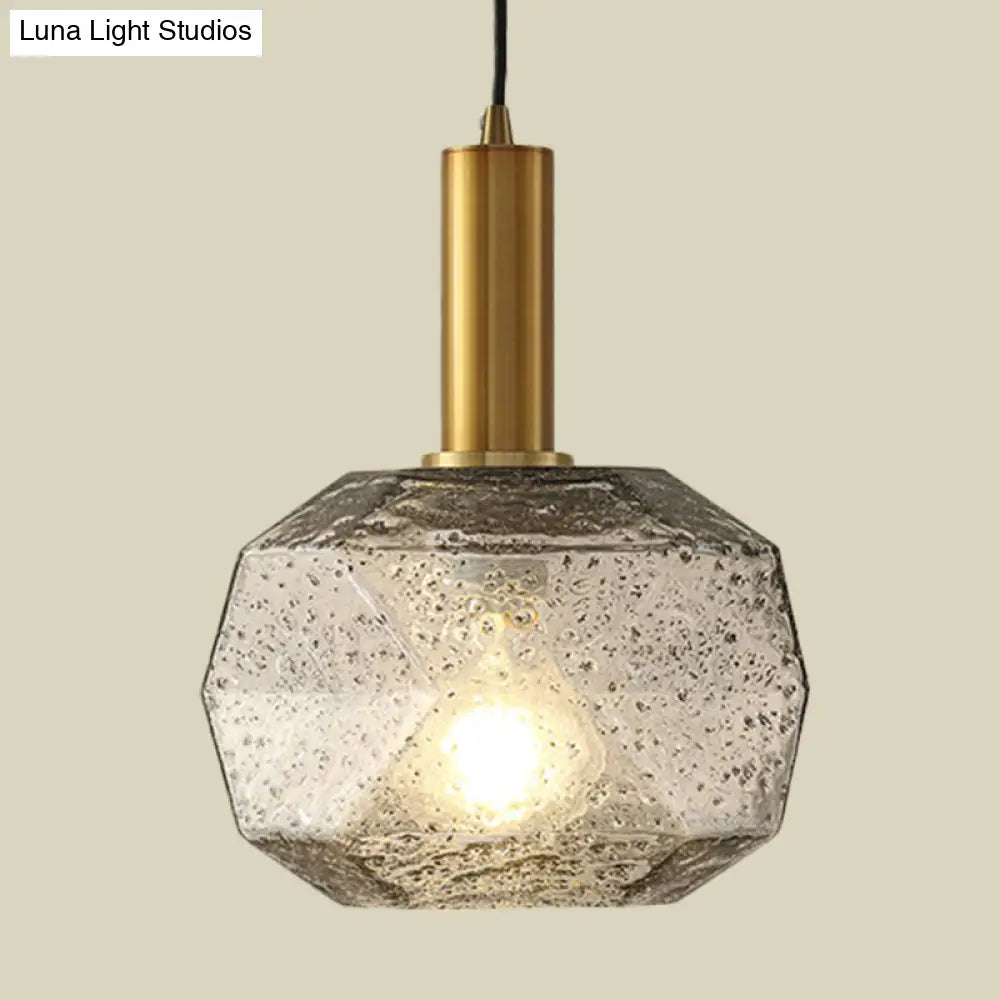 Post Modern Brass Bedside Pendant With Faceted Smoke Gray Glass Shade