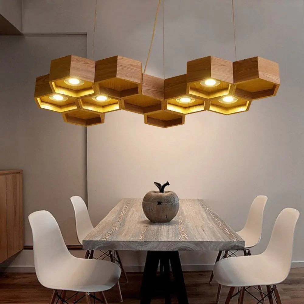 Modern Beehive Suspension Light: Wooden 6-Light Chandelier Pendant In Brown For Dining Room