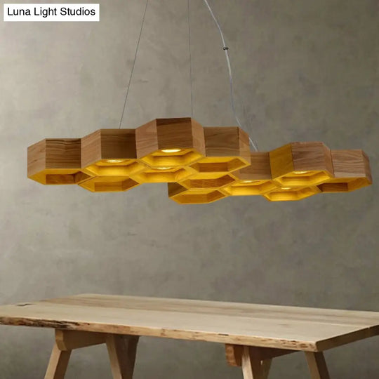 Modern Beehive Wooden Chandelier For Dining Rooms - 6-Light Pendant In Brown