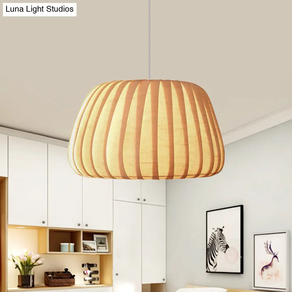 Modern Beige 1-Light Office Pendulum Pendant With Pumpkin Wood Shade