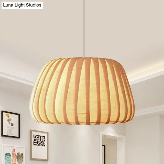 Modern Beige 1-Light Office Pendulum Pendant With Pumpkin Wood Shade