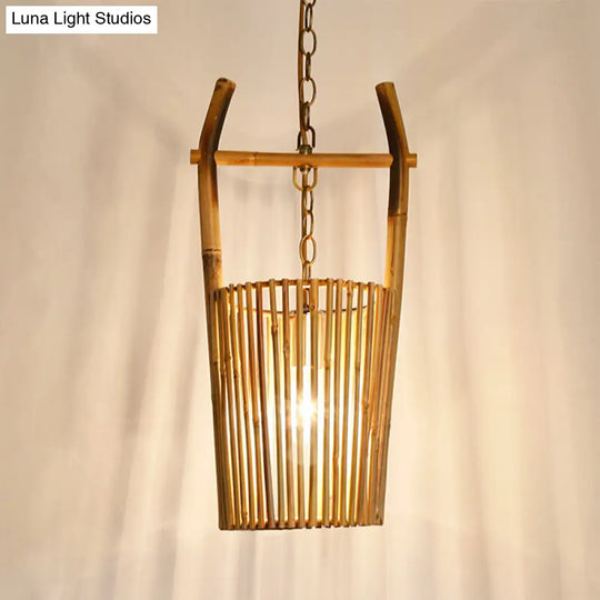 Modern Beige Barrel Suspension Pendant Light With Bamboo Hanging Lamp