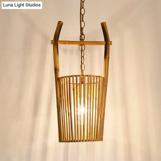 Modern Beige Bamboo Barrel Pendant Light With Suspension - 1-Light Hanging Lamp