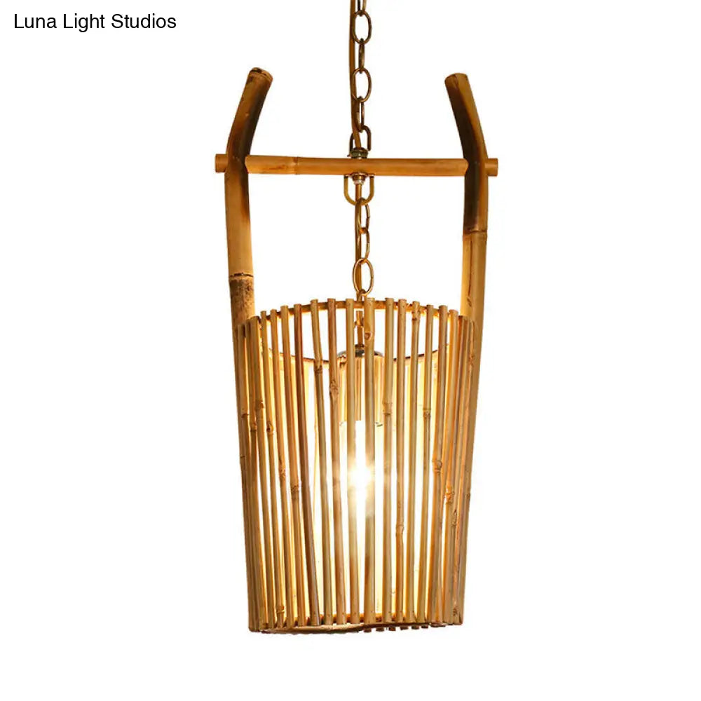 Modern Beige Barrel Suspension Pendant Light With Bamboo Hanging Lamp