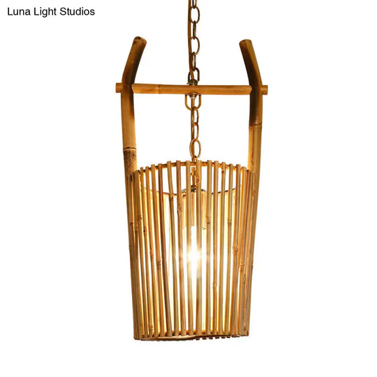 Modern Beige Barrel Suspension Pendant Light With Bamboo Hanging Lamp