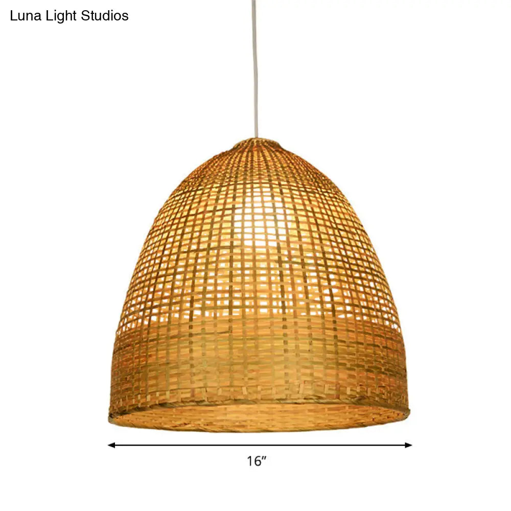 Modern Beige Bamboo Pendant Lamp With Domed Shape And 1 Light