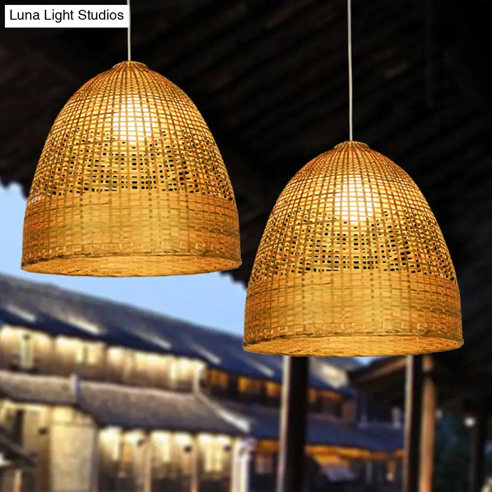 Modern Beige Bamboo Pendant Ceiling Lamp - Domed Shape 1-Light