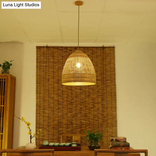 Modern Beige Bamboo Pendant Lamp With Domed Shape And 1 Light