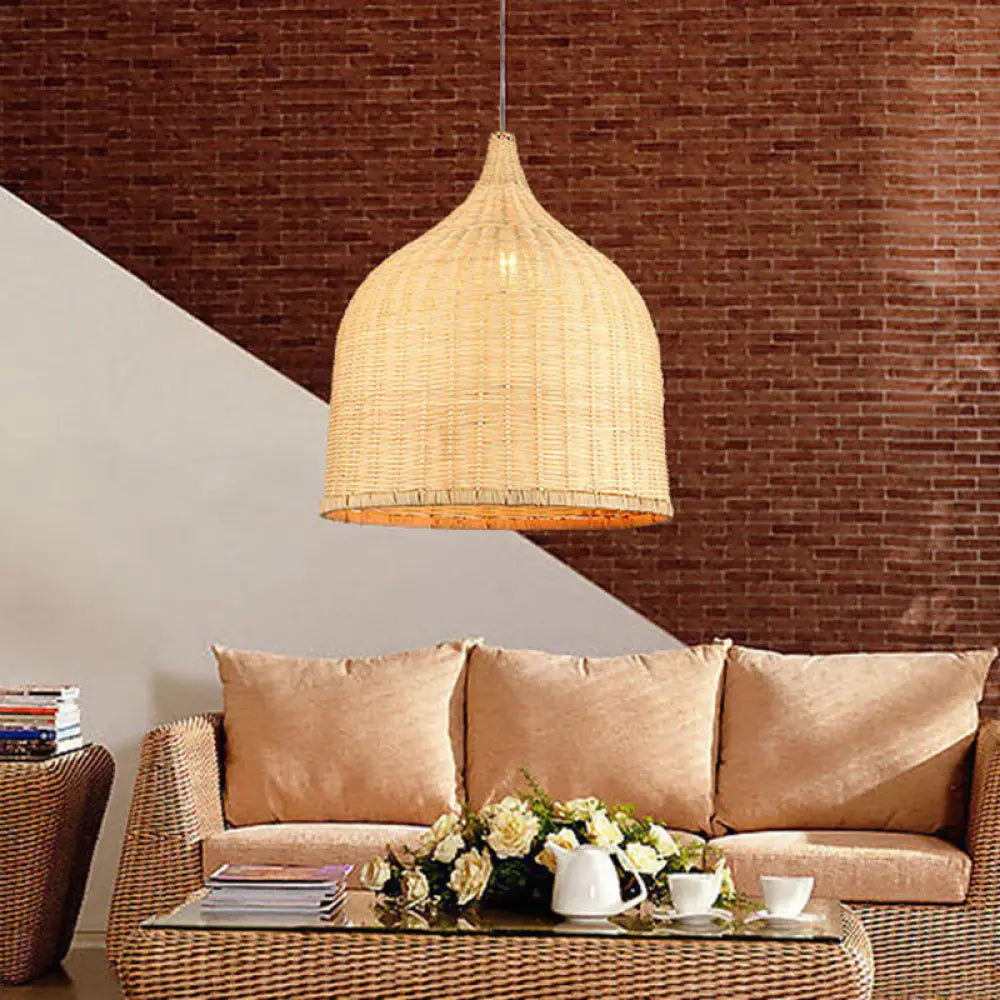 Modern Beige Bamboo Pendant Lamp - 11’/14’/18’ W 1 Light Living Room Ceiling Hanging Fixture / 11’