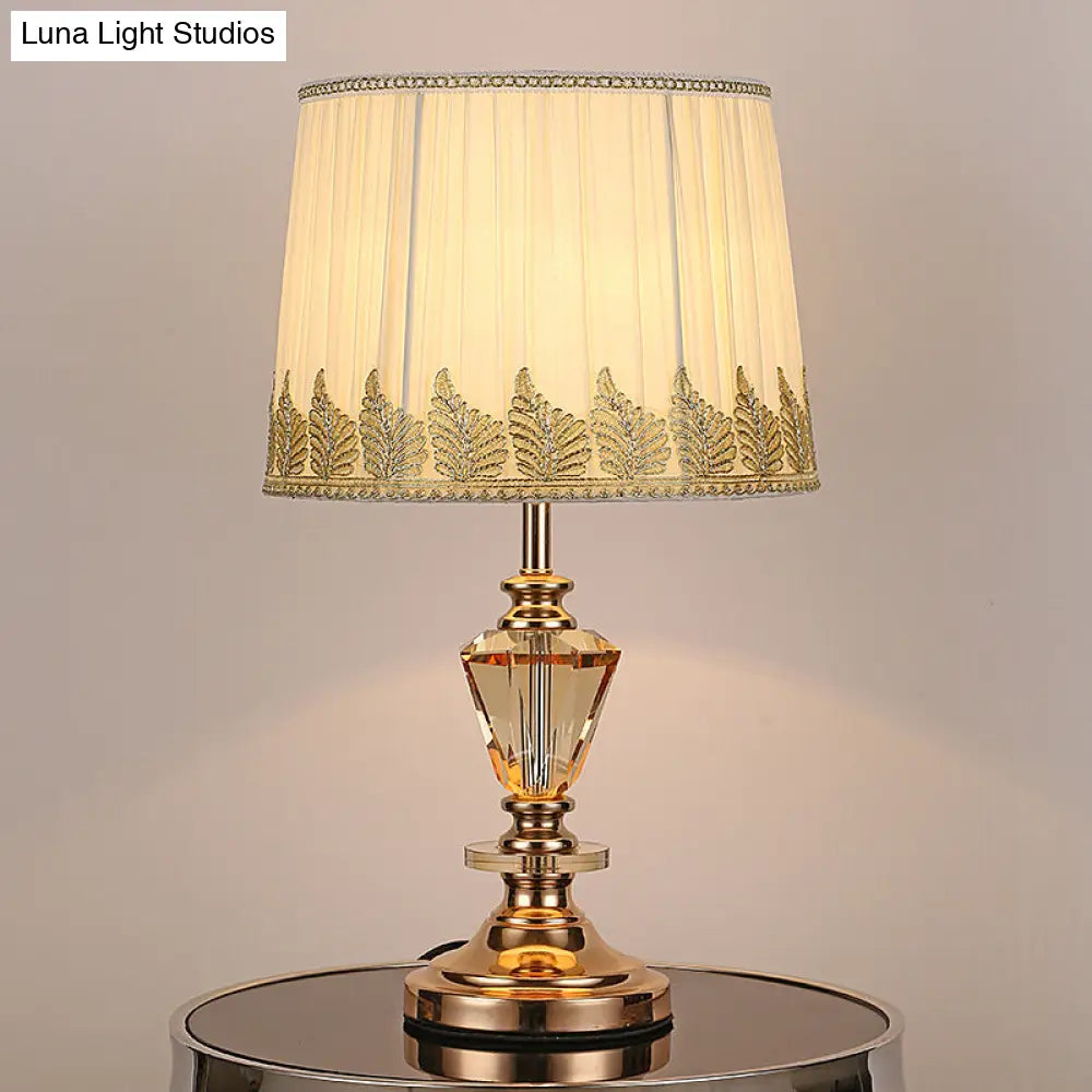 Modern Beige Barrel Bedside Lamp With Fabric Shade - 1 Bulb Task Lighting