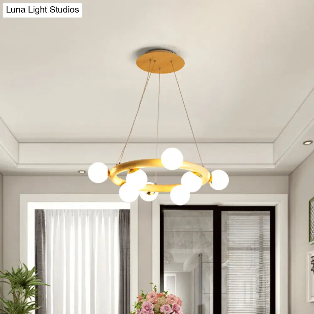 Beige Global Ceiling Lamp: Modern Frosted Glass Pendant Chandelier With Wood Circular Design (8/10