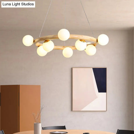 Modern Beige Ceiling Lamp With Frosted Glass Chandelier And Wood Circular Design – 8/10 Bulbs