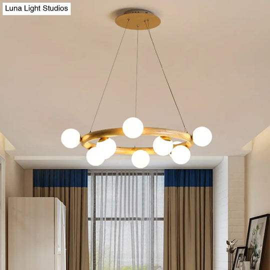 Modern Beige Ceiling Lamp With Frosted Glass Chandelier And Wood Circular Design – 8/10 Bulbs