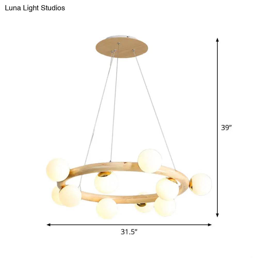 Beige Global Ceiling Lamp: Modern Frosted Glass Pendant Chandelier With Wood Circular Design (8/10