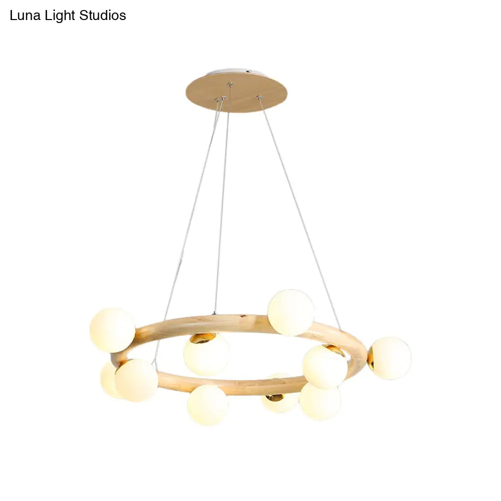 Modern Beige Ceiling Lamp With Frosted Glass Chandelier And Wood Circular Design – 8/10 Bulbs