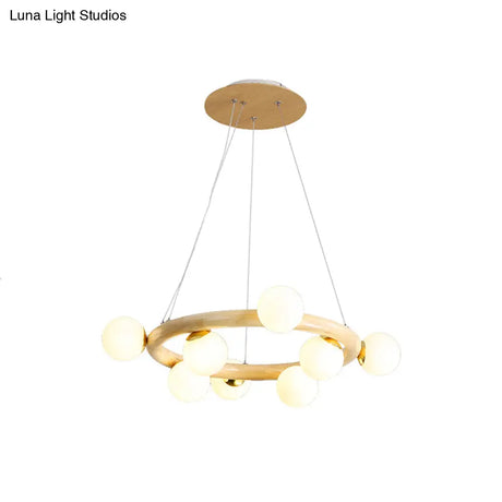 Modern Beige Ceiling Lamp With Frosted Glass Chandelier And Wood Circular Design – 8/10 Bulbs