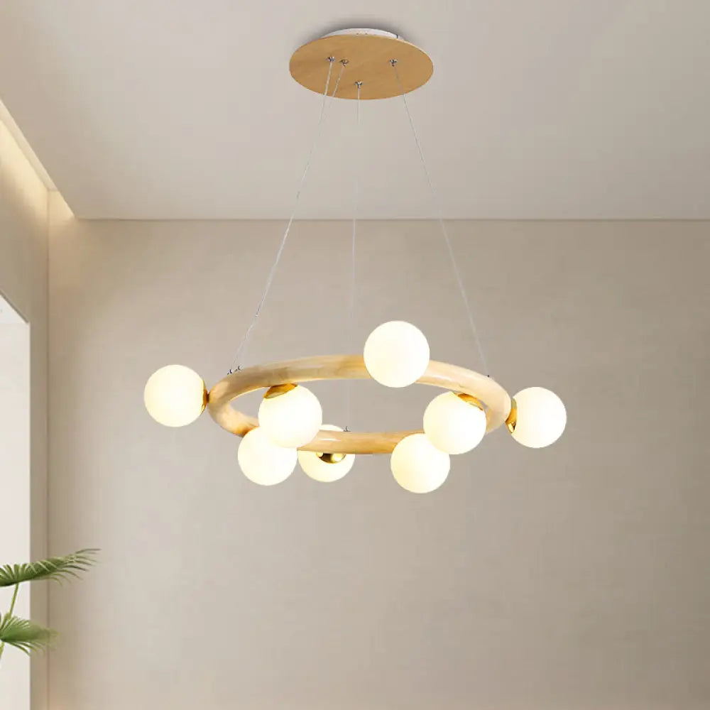 Modern Beige Ceiling Lamp With Frosted Glass Chandelier And Wood Circular Design – 8/10 Bulbs 8 /