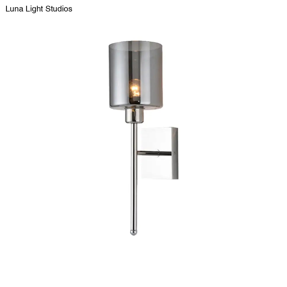 Modern Beige/Chrome Cylindrical Sconce With 1 Light Smoke/Clear Glass Wall Mount - Switch Options