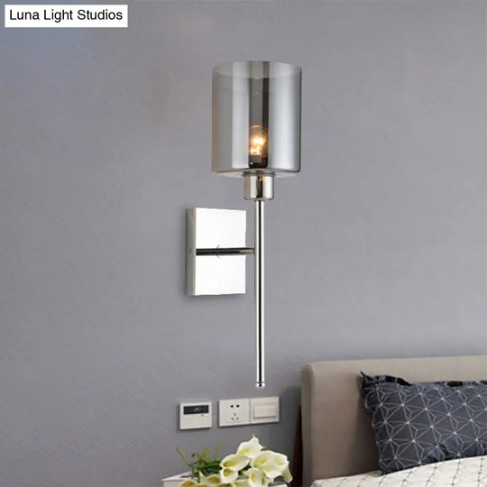 Modern Beige/Chrome Cylindrical Sconce With 1 Light Smoke/Clear Glass Wall Mount - Switch Options