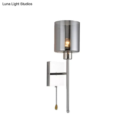 Modern Beige/Chrome Cylindrical Sconce With 1 Light Smoke/Clear Glass Wall Mount - Switch Options