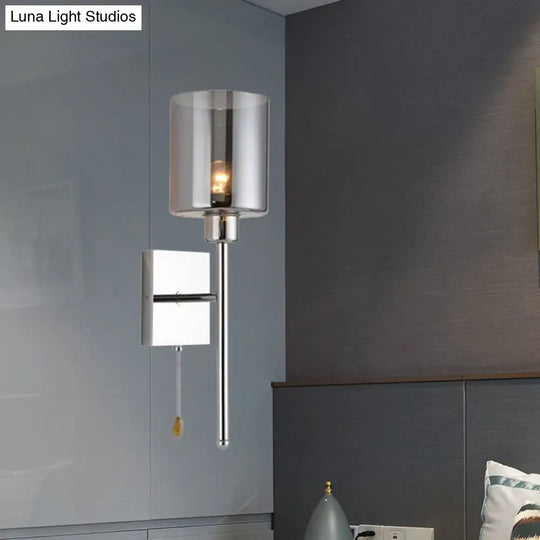 Modern Beige/Chrome Cylindrical Sconce With 1 Light Smoke/Clear Glass Wall Mount - Switch Options