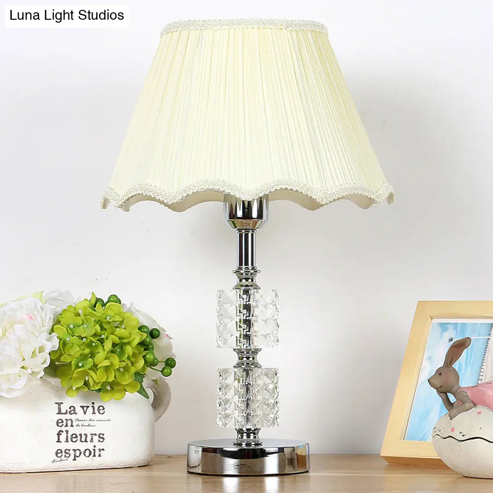 Modern Beige Crystal Night Lamp With Fabric Shade - 1-Bulb Nightstand Lighting