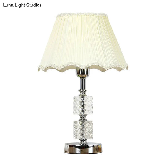 Modern Beige Crystal Night Lamp With Fabric Shade - 1-Bulb Nightstand Lighting