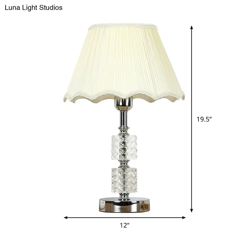 Modern Beige Crystal Night Lamp With Fabric Shade - 1-Bulb Nightstand Lighting