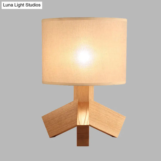 Modern Beige Desk Lamp - Tripod Base Wood Night Table Light With Drum Fabric Shade