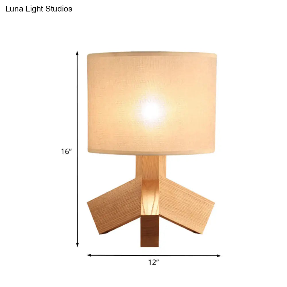 Modern Beige Desk Lamp - Tripod Base Wood Night Table Light With Drum Fabric Shade